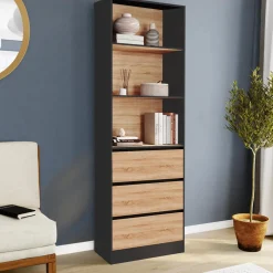 Étagère bibliothèque bois et noir 3 tiroirs 3 niveaux H.190cm*IDMarket Clearance