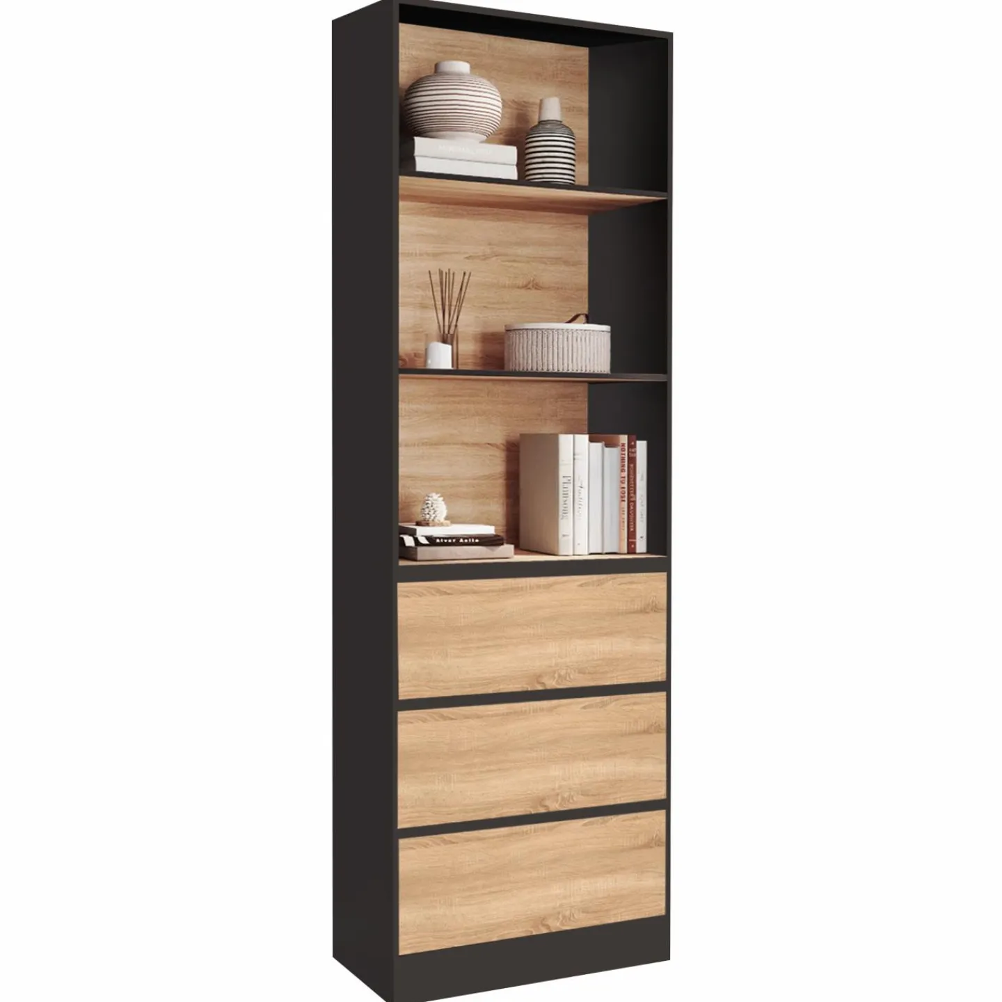 Étagère bibliothèque bois et noir 3 tiroirs 3 niveaux H.190cm*IDMarket Clearance