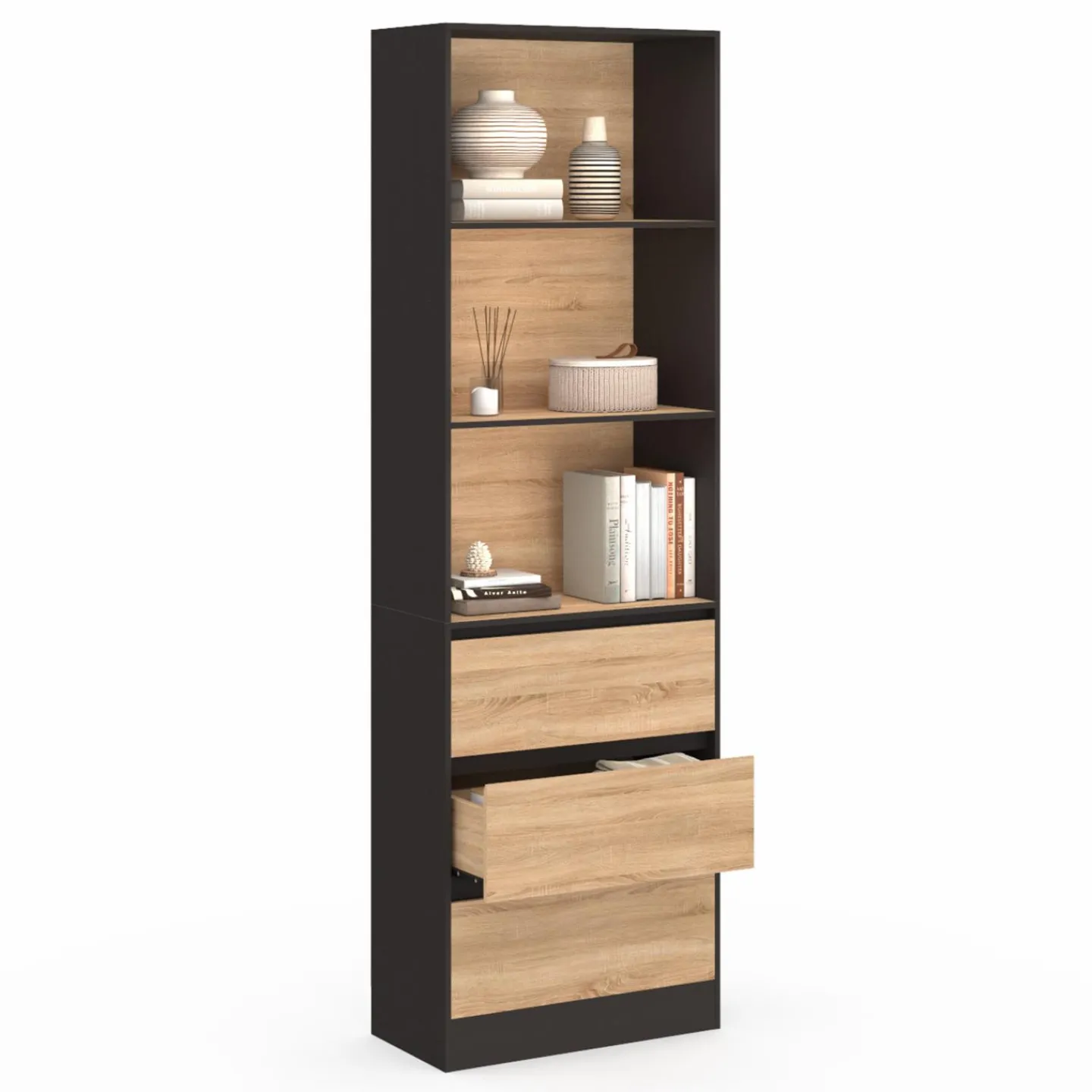 Étagère bibliothèque bois et noir 3 tiroirs 3 niveaux H.190cm*IDMarket Clearance