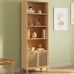 Étagère bibliothèque cannage et bois 4 niveaux avec placard*IDMarket