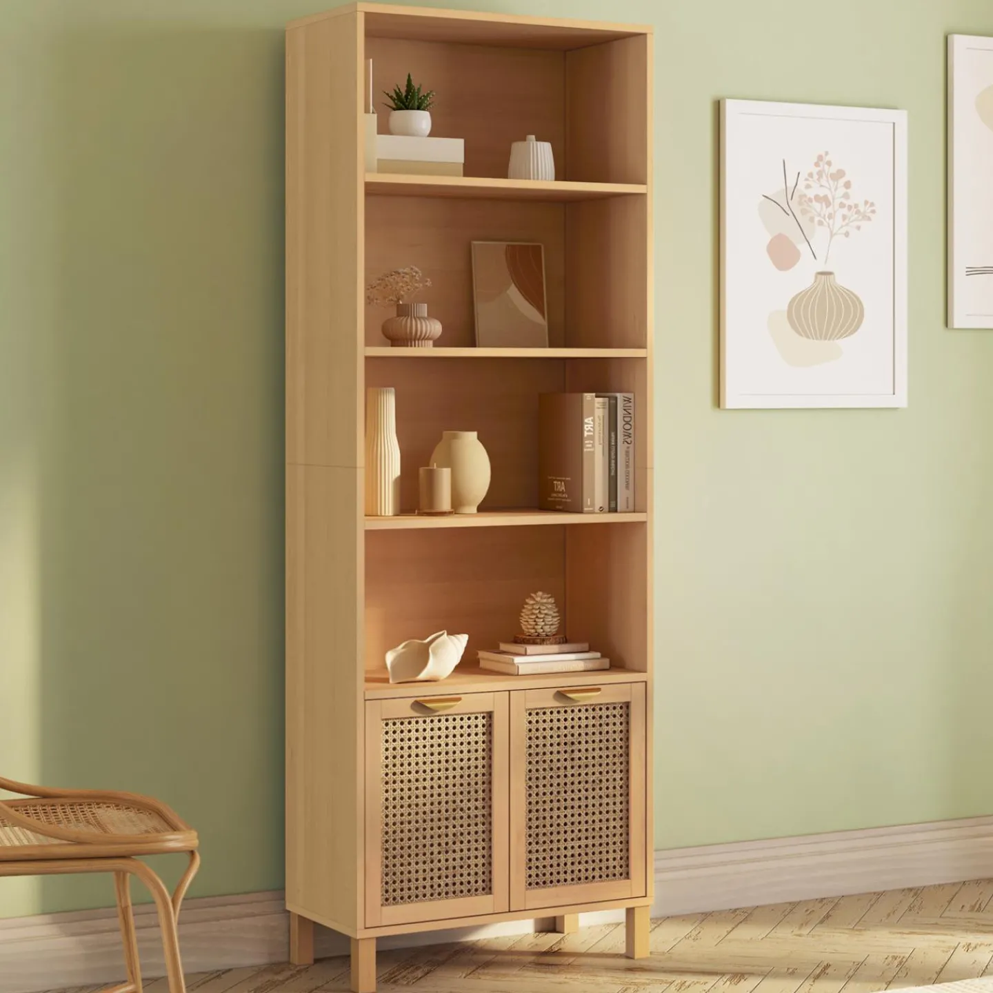 Étagère bibliothèque cannage et bois 4 niveaux avec placard*IDMarket