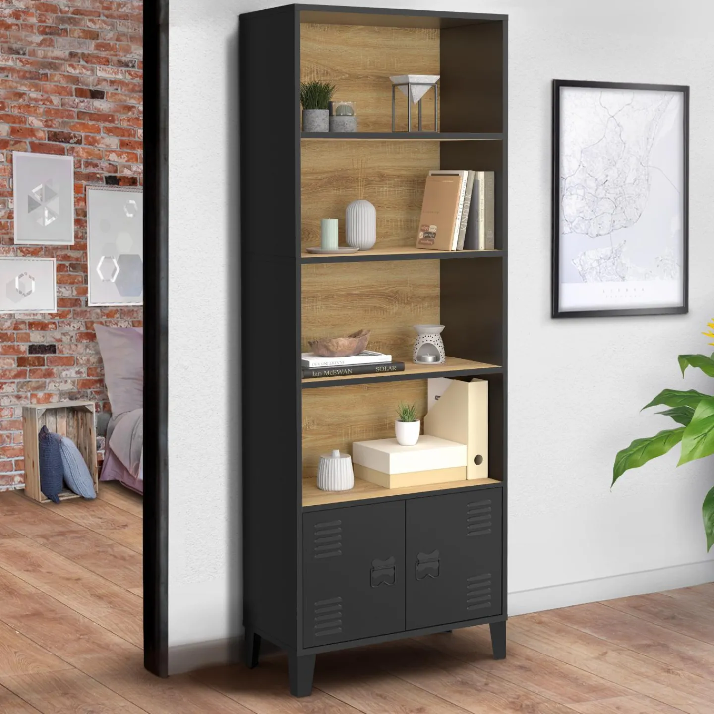Étagère bibliothèque industrielle bois et noir 4 niveaux avec placard portes métalliques*IDMarket Sale