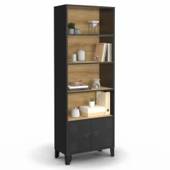 Étagère bibliothèque industrielle bois et noir 4 niveaux avec placard portes métalliques*IDMarket Sale