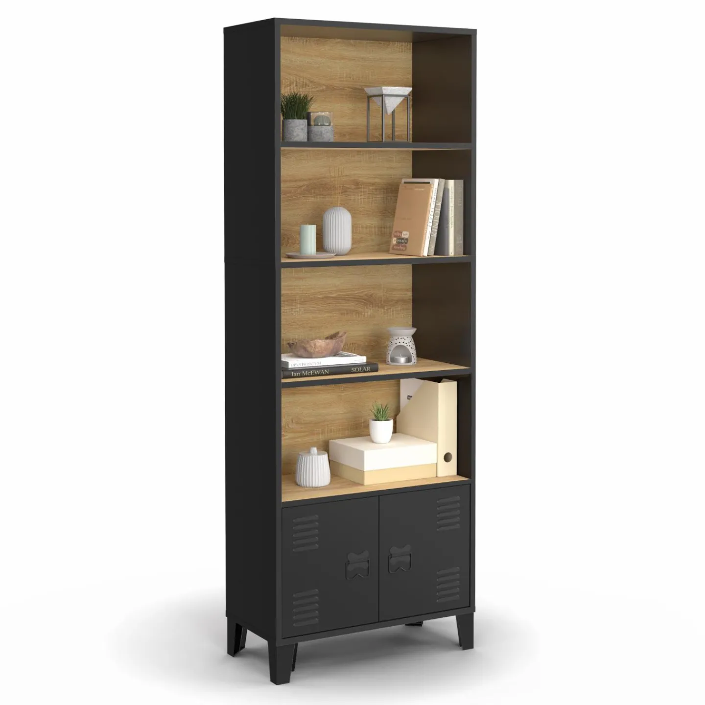 Étagère bibliothèque industrielle bois et noir 4 niveaux avec placard portes métalliques*IDMarket Sale