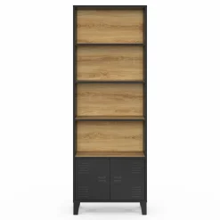 Étagère bibliothèque industrielle bois et noir 4 niveaux avec placard portes métalliques*IDMarket Sale