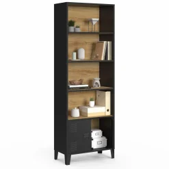 Étagère bibliothèque industrielle bois et noir 4 niveaux avec placard portes métalliques*IDMarket Sale