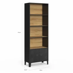 Étagère bibliothèque industrielle bois et noir 4 niveaux avec placard portes métalliques*IDMarket Sale
