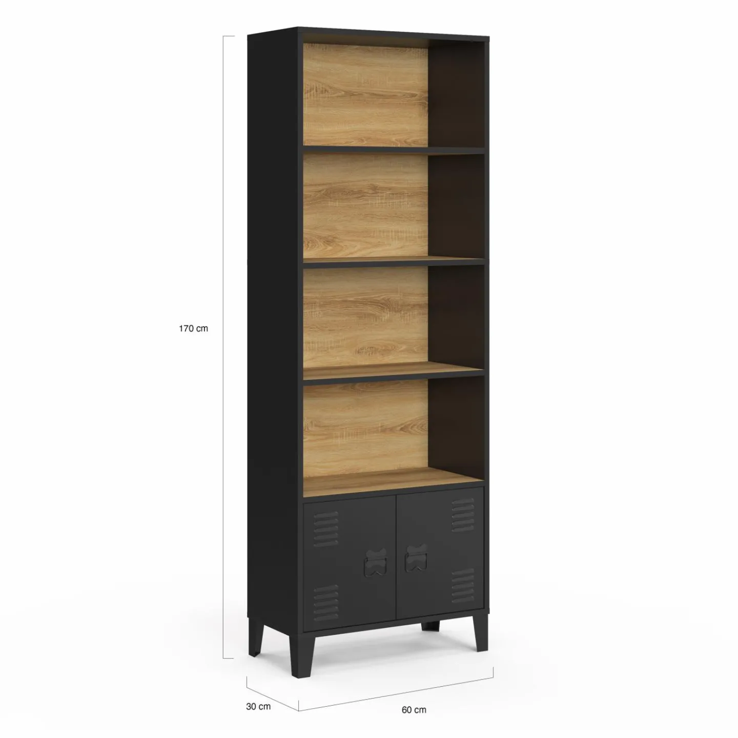 Étagère bibliothèque industrielle bois et noir 4 niveaux avec placard portes métalliques*IDMarket Sale