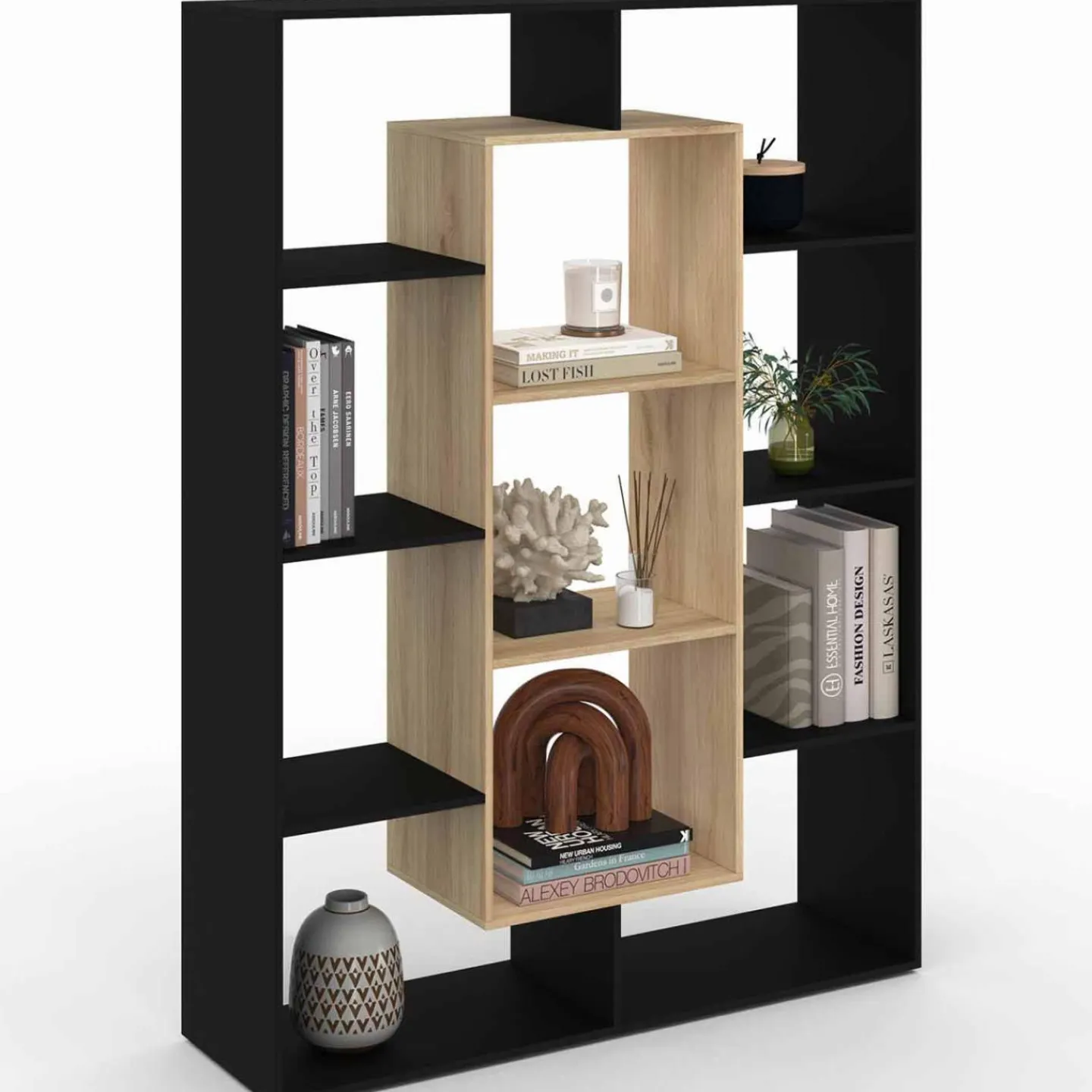 Étagère bibliothèque noire et bois 143 cm 11 compartiments*IDMarket Clearance