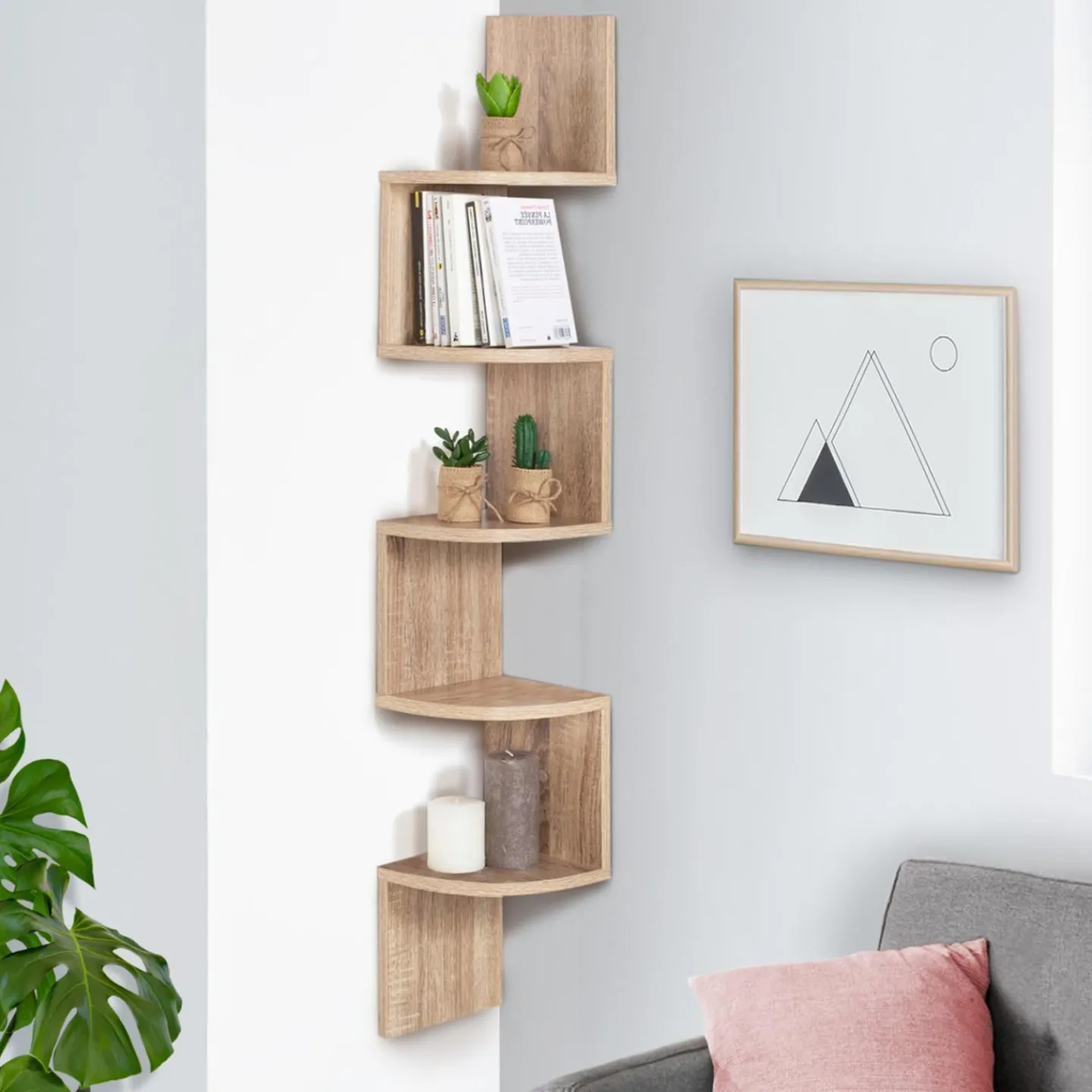 Étagère d’angle murale 5 niveaux façon hêtre*IDMarket New