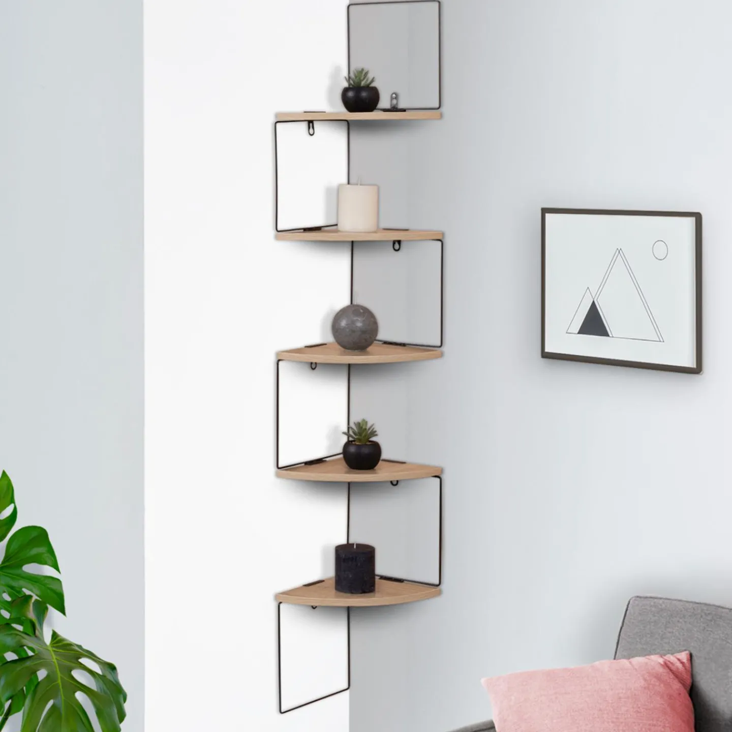 Étagère d'angle murale industrielle 5 niveaux bois et métal noir*IDMarket Clearance