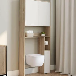 Étagère dessus WC blanc et bois façon hêtre avec dévidoir à papier*IDMarket New