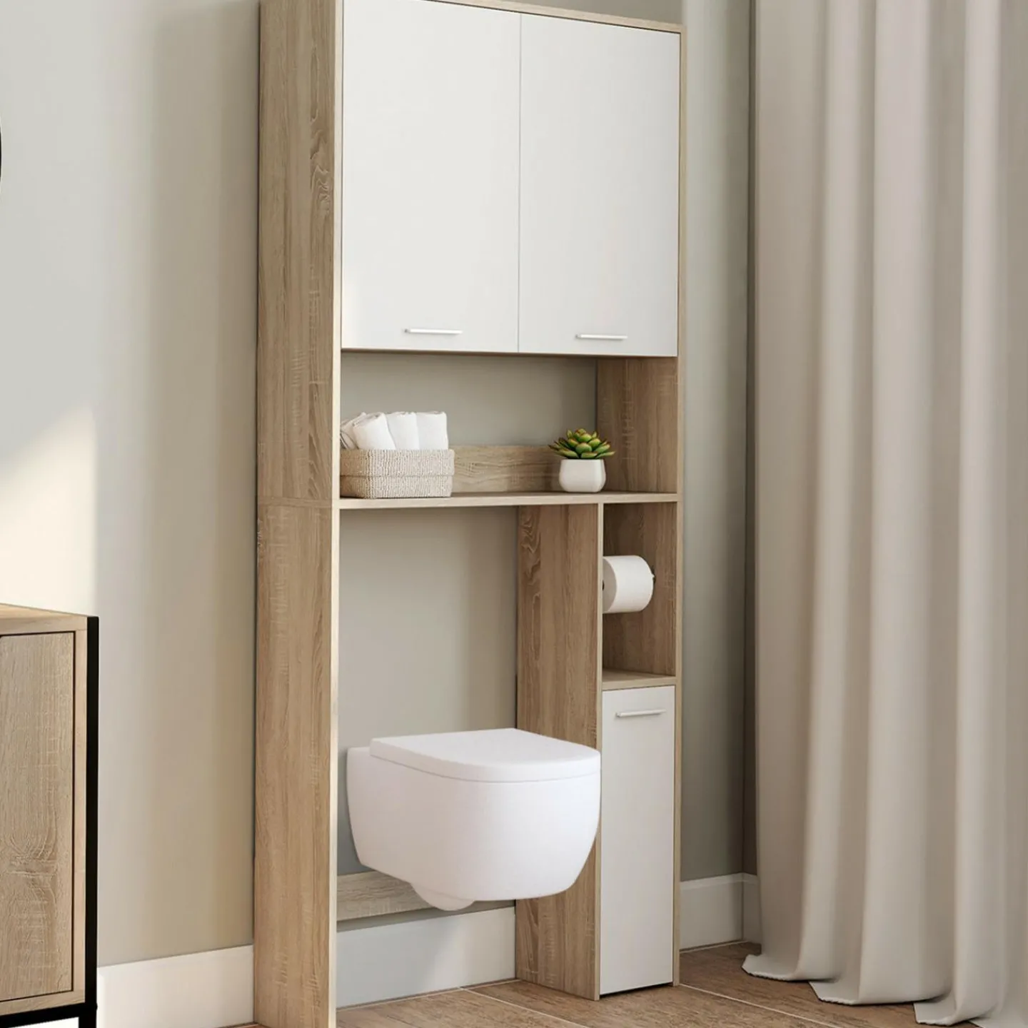 Étagère dessus WC blanc et bois façon hêtre avec dévidoir à papier*IDMarket New
