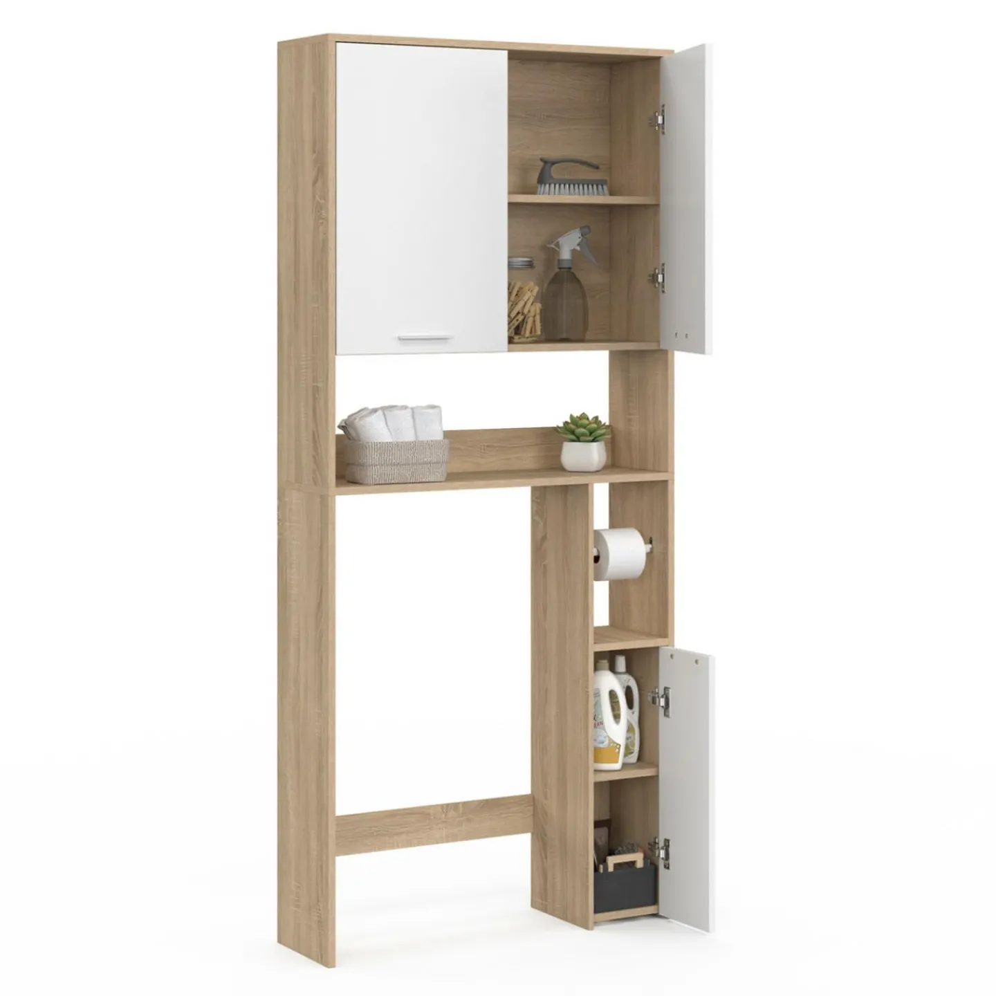 Étagère dessus WC blanc et bois façon hêtre avec dévidoir à papier*IDMarket New