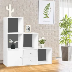 Étagère escalier bois blanc fond gris 6 cases*IDMarket