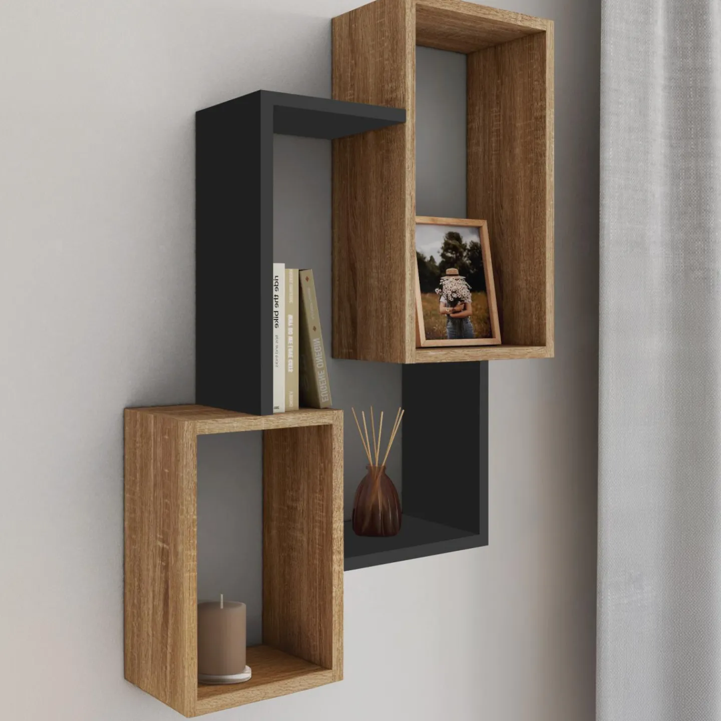 Étagère murale bois façon hêtre et noir double position*IDMarket Sale