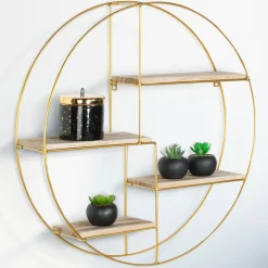 Étagère murale métal doré et bois ronde*IDMarket Outlet