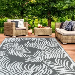 Tapis extérieur gris et blanc motifs tropicaux 270 x 370 cm*IDMarket Outlet
