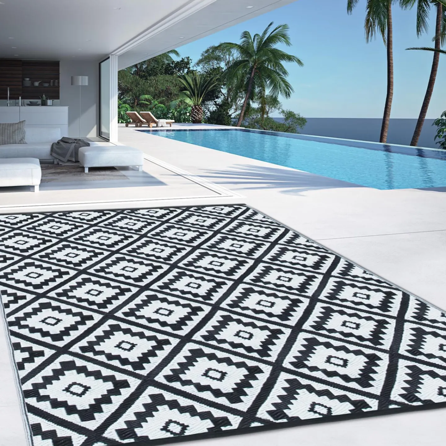 Tapis extérieur noir et blanc motifs géométriques 180 x 280 cm*IDMarket Best