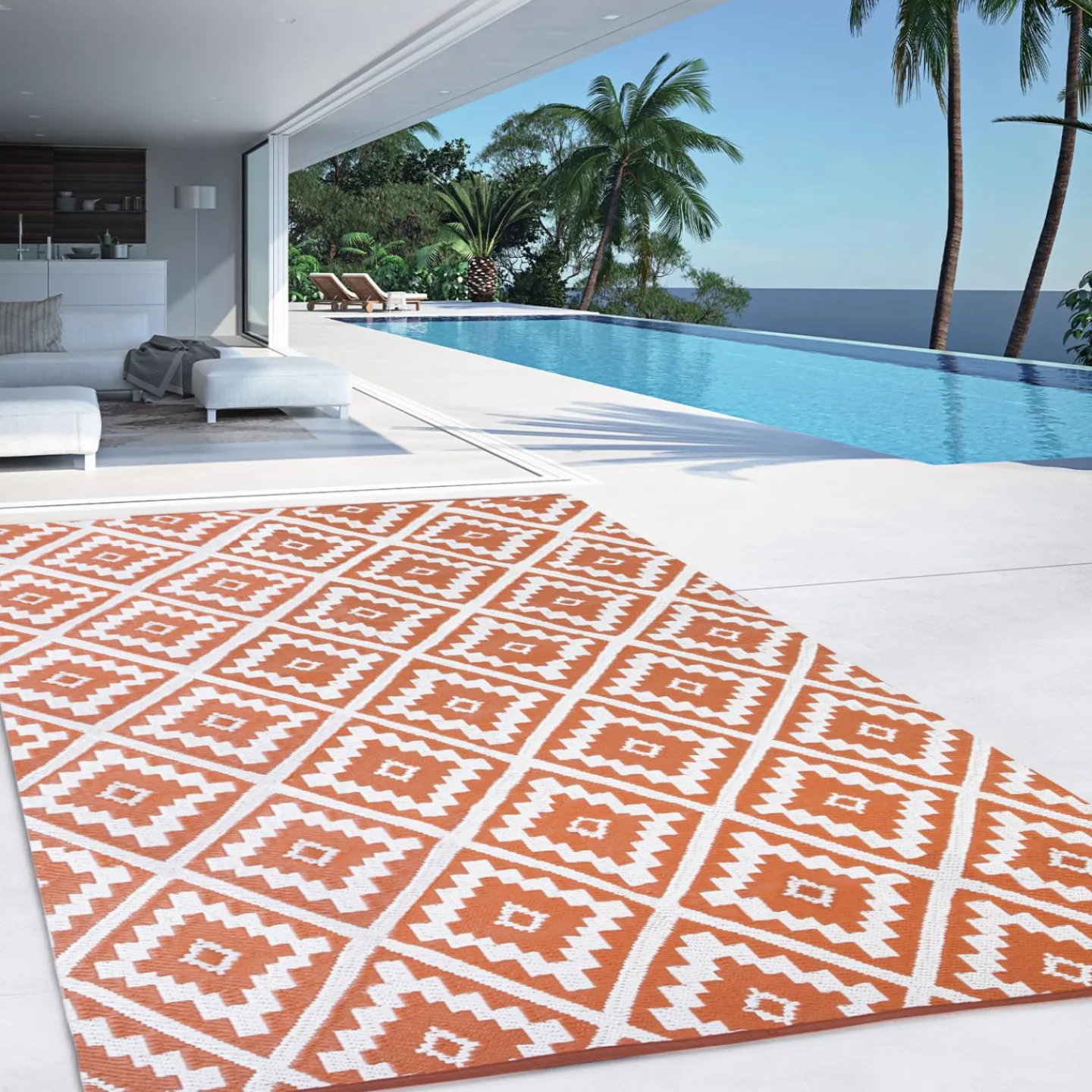 Tapis extérieur terracotta et blanc motifs géométriques 120 x 180 cm*IDMarket Online
