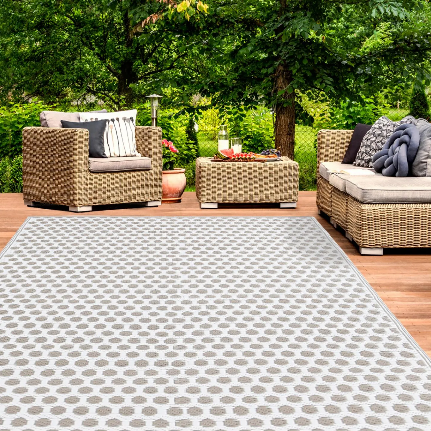 Tapis extérieur terrasse motifs ronds beiges et blancs 180 x 280 cm*IDMarket