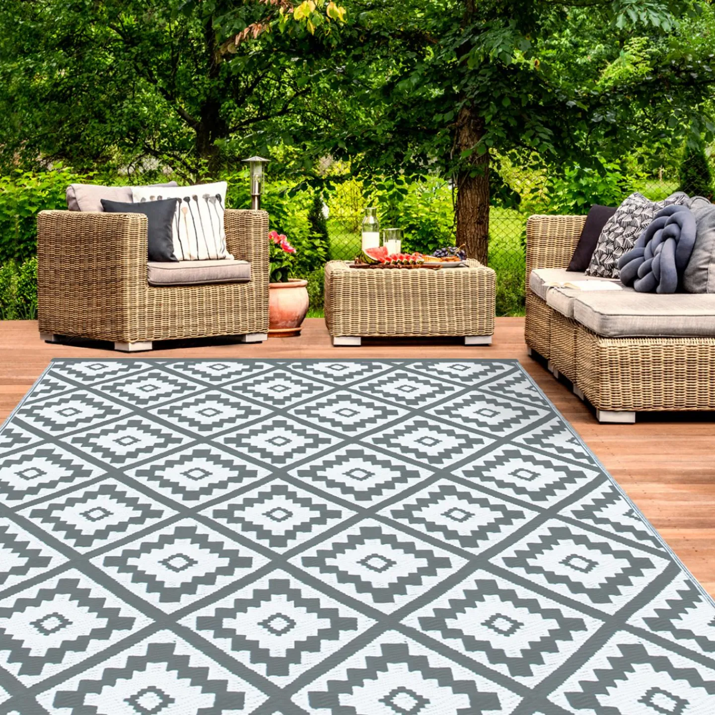Tapis extérieur terrasse motifs géométriques gris et blanc 160 x 260 cm*IDMarket Discount