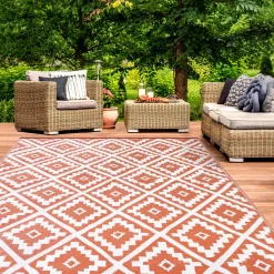 Tapis extérieur terrasse motifs géométriques terracotta et blanc 160 x 260 cm*IDMarket Clearance