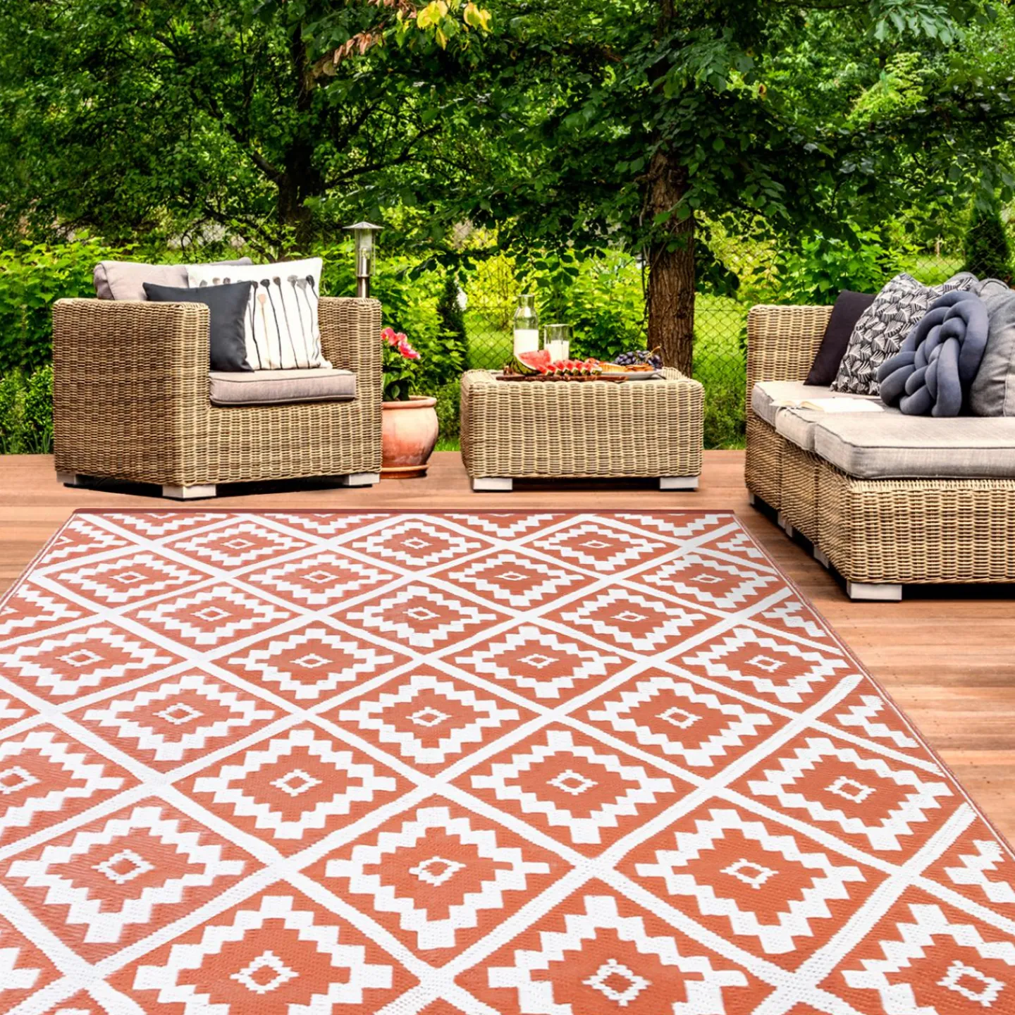 Tapis extérieur terrasse motifs géométriques terracotta et blanc 160 x 260 cm*IDMarket Clearance