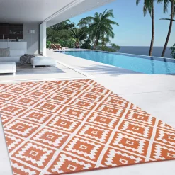 Tapis extérieur terrasse motifs géométriques terracotta et blanc 160 x 260 cm*IDMarket Clearance