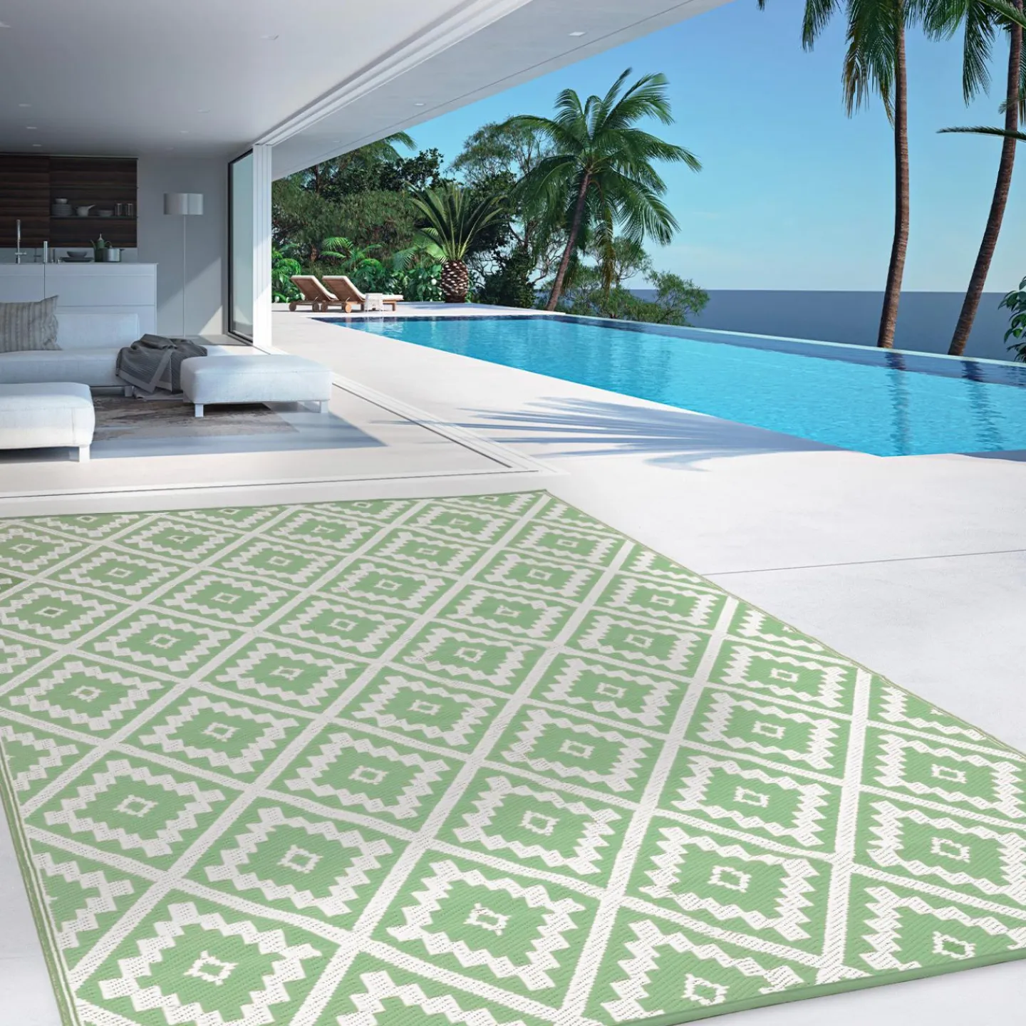 Tapis extérieur vert sauge et blanc motifs géométriques 180 x 280 cm*IDMarket Clearance