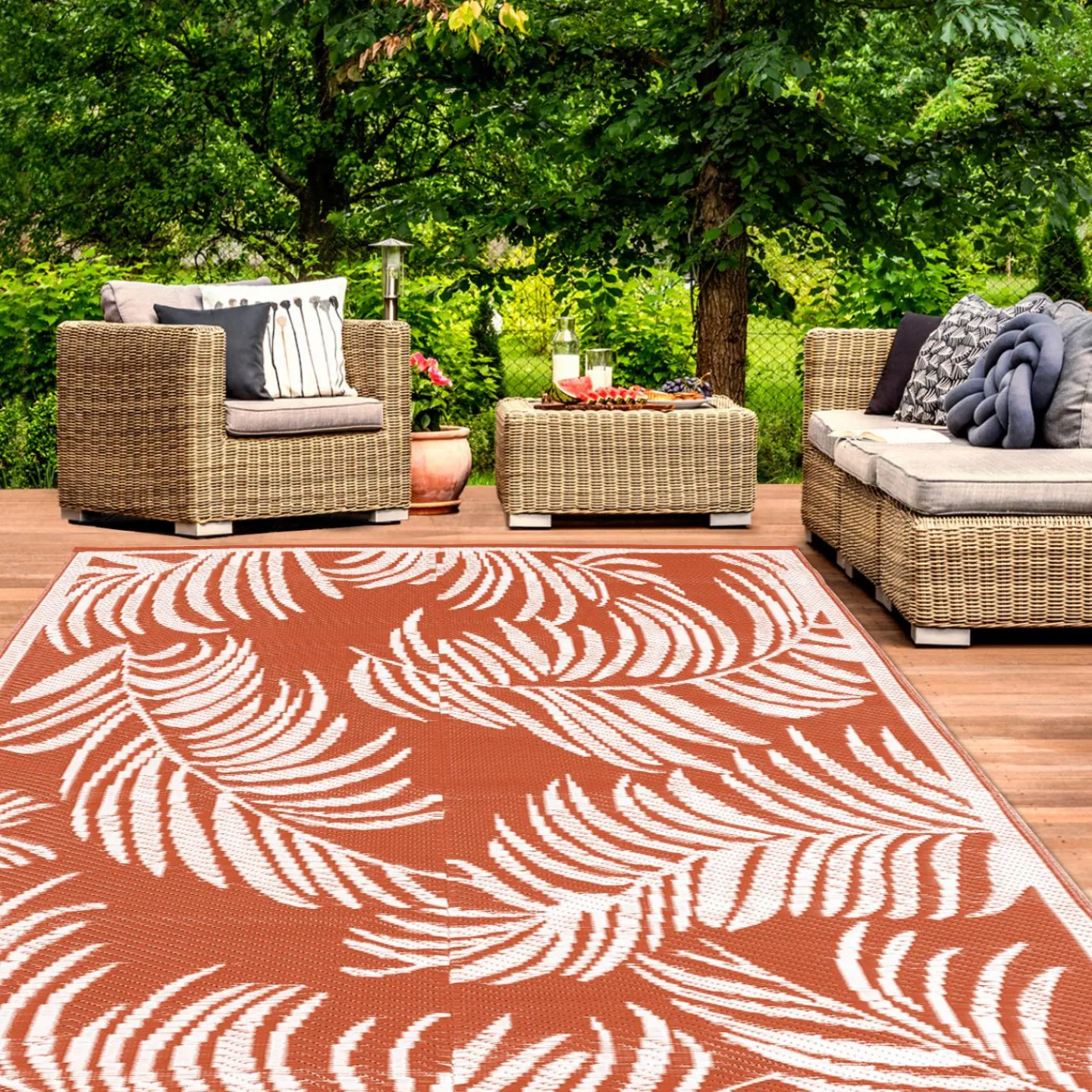 Tapis tropical d'extérieur terracotta et blanc*IDMarket