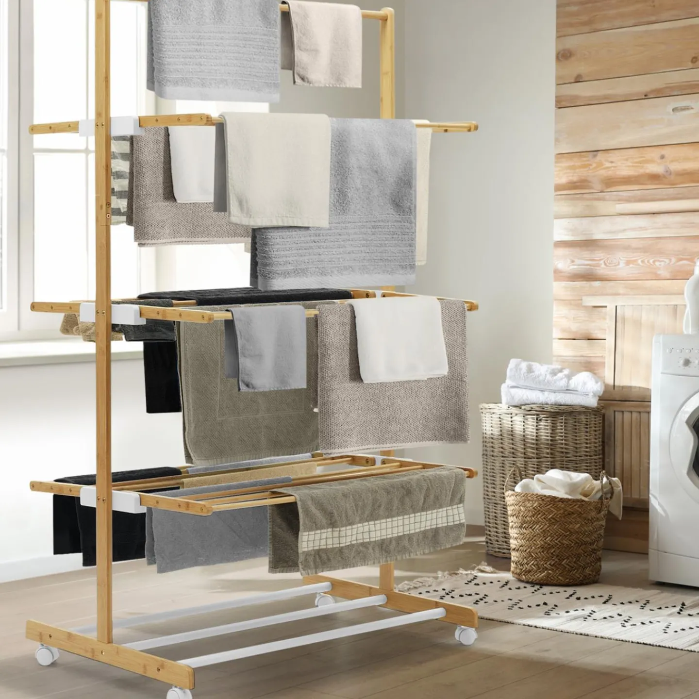 Étendoir à linge 3 niveaux en bambou*IDMarket Hot