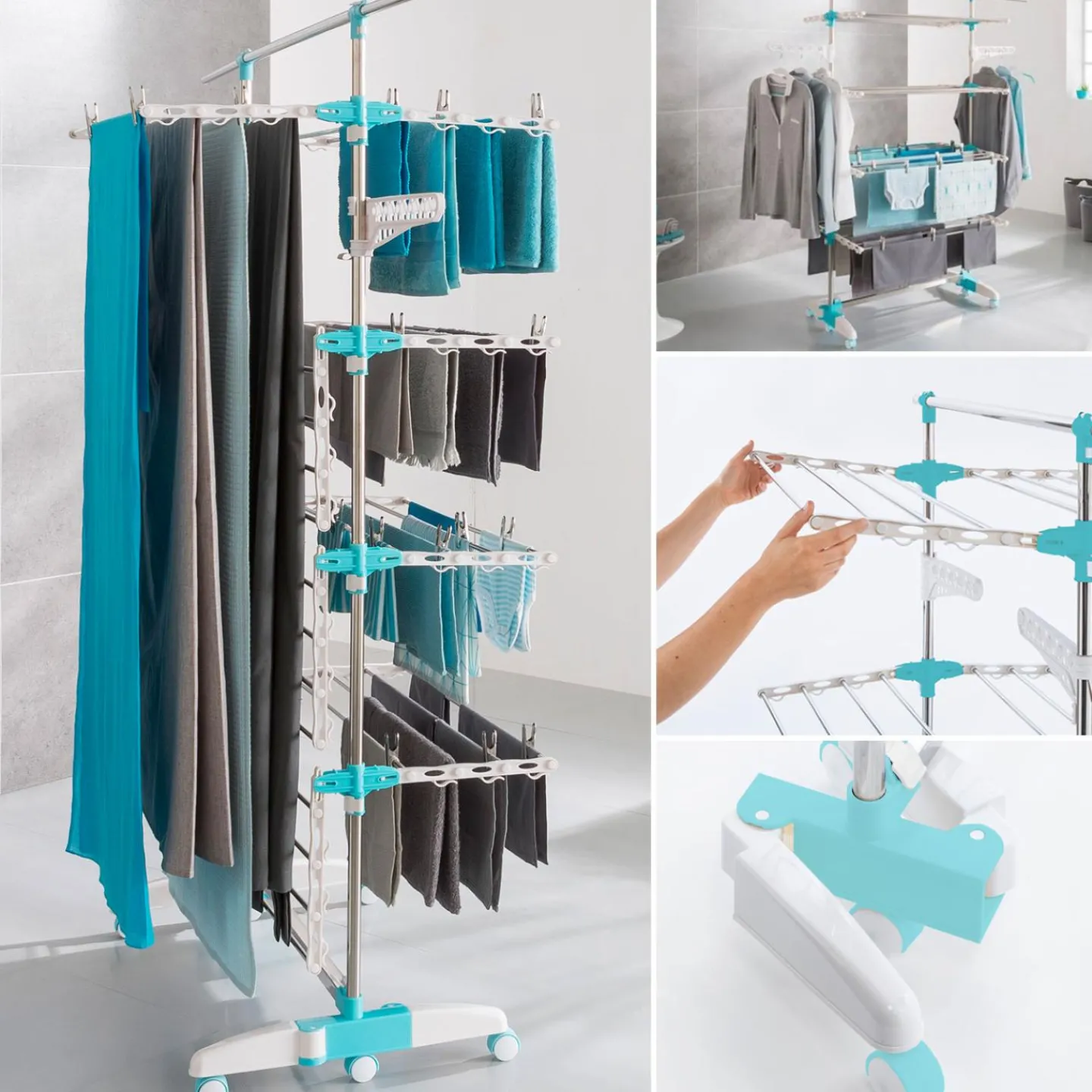 Étendoir à linge pliable avec barre télescopique*IDMarket Online