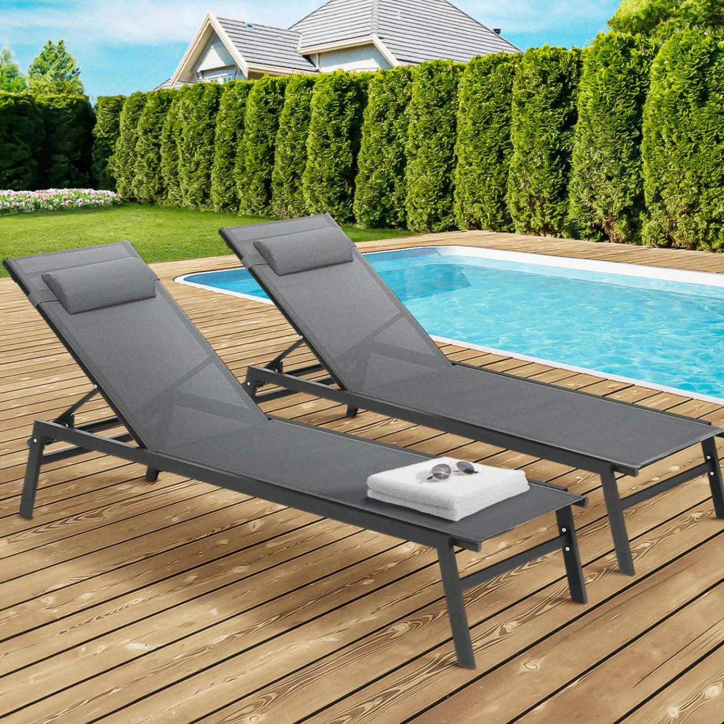 Transats de jardin aluminium gris et noir : lot de 2*IDMarket Sale