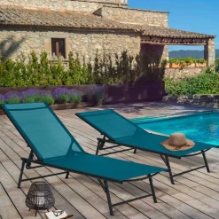 Transats de jardin toile bleu canard et acier gris anthracite - lot de 2*IDMarket Online