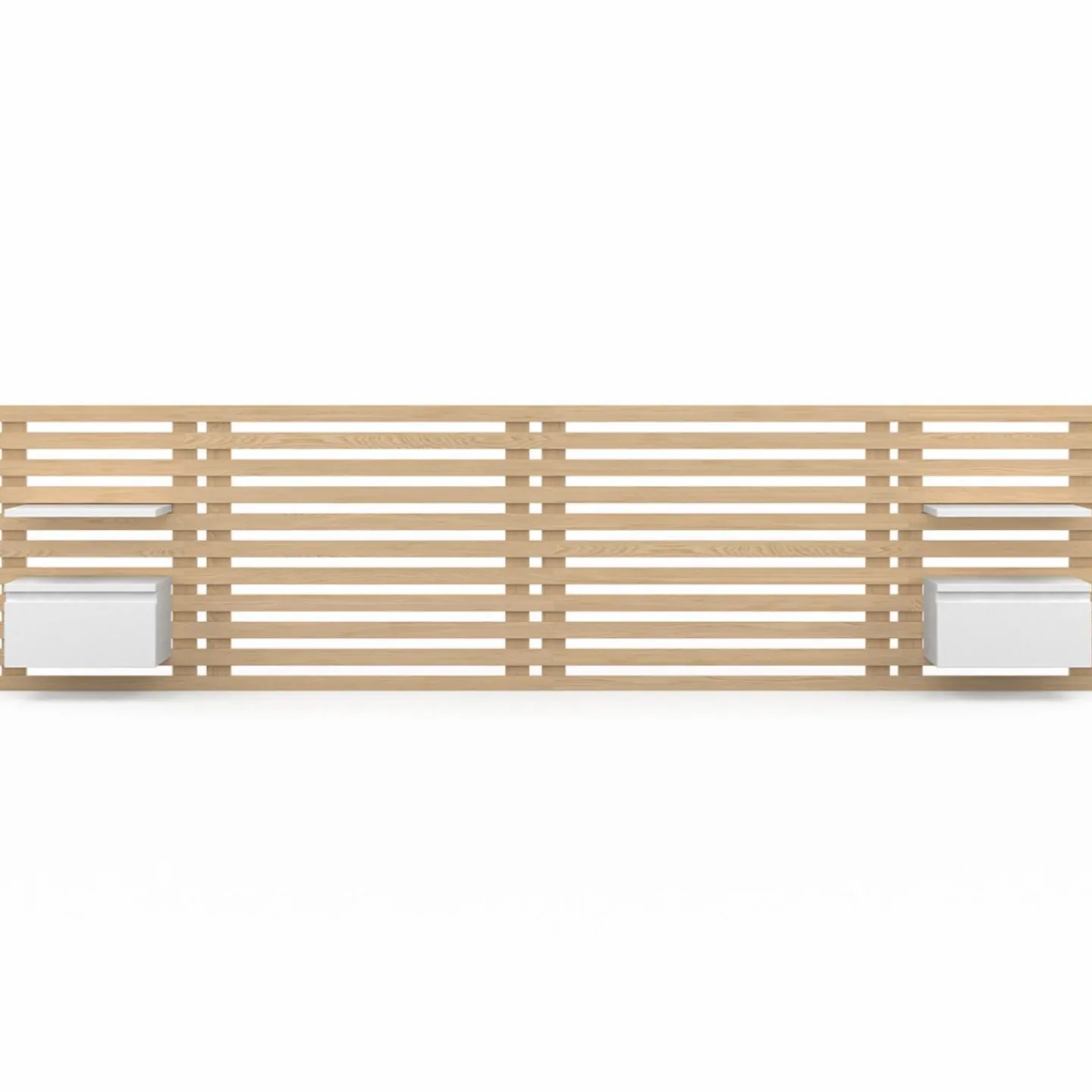 Tête de lit 240 cm en lattes de bois avec chevets et étagères blanches*IDMarket Clearance
