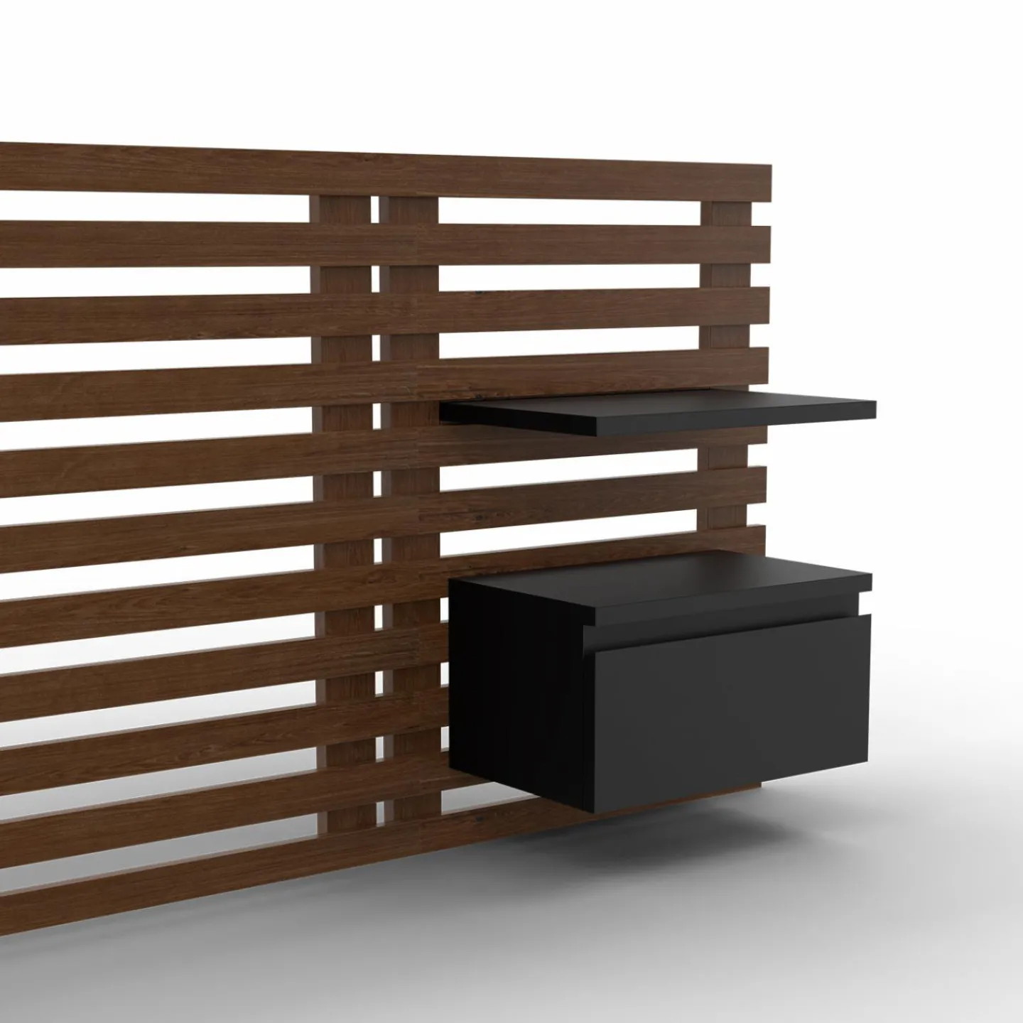 Tête de lit 240 cm en lattes façon bois vieilli avec chevets et étagères noires*IDMarket Sale