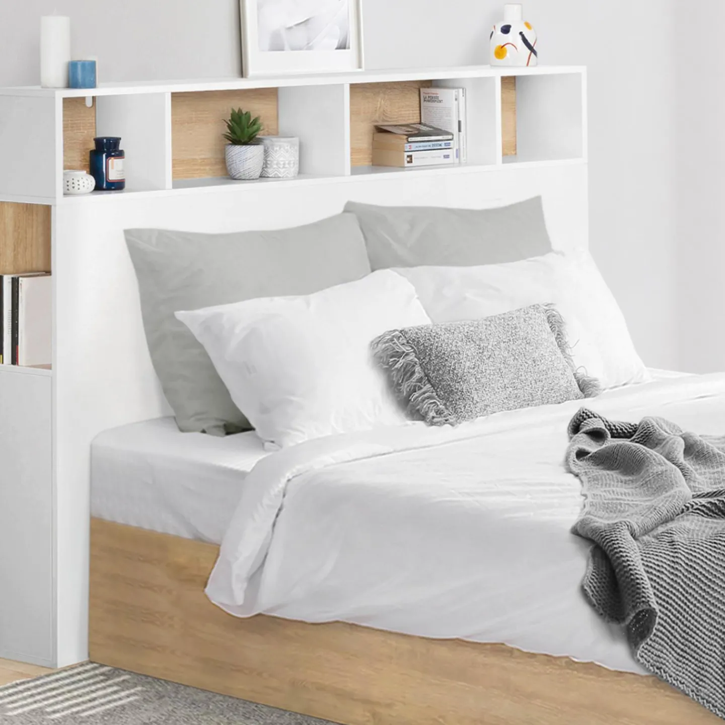 Tête de lit avec rangement intégré 145 cm blanc et bois façon hêtre*IDMarket Online