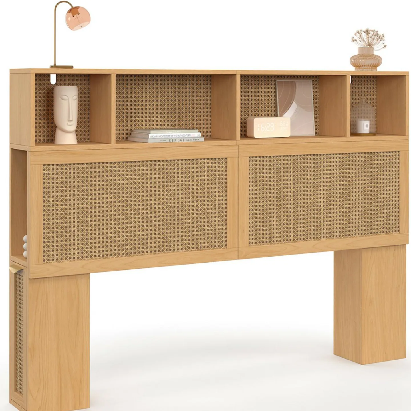 Tête de lit avec rangements fermés et niches cannage et bois 145cm*IDMarket Hot