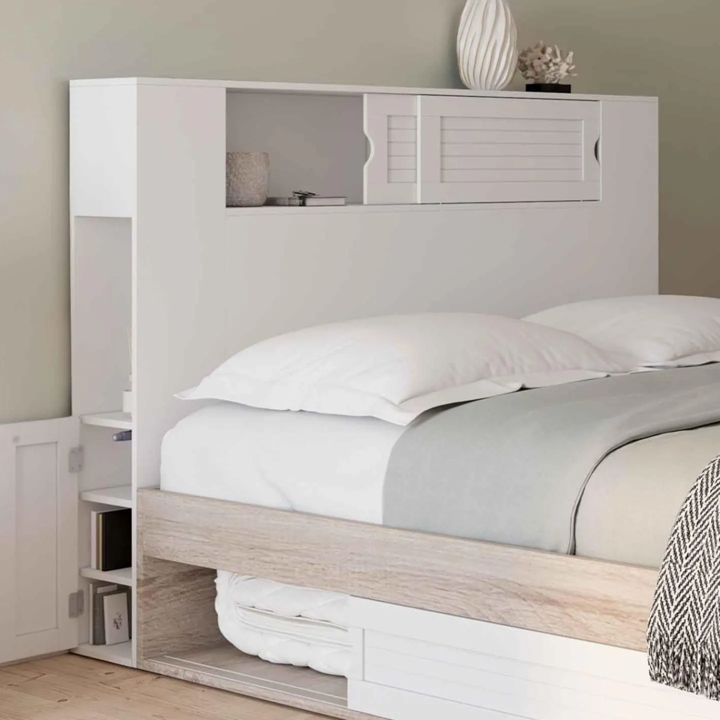 Tête de lit blanche 145 cm avec rangements fermés et niches*IDMarket Clearance
