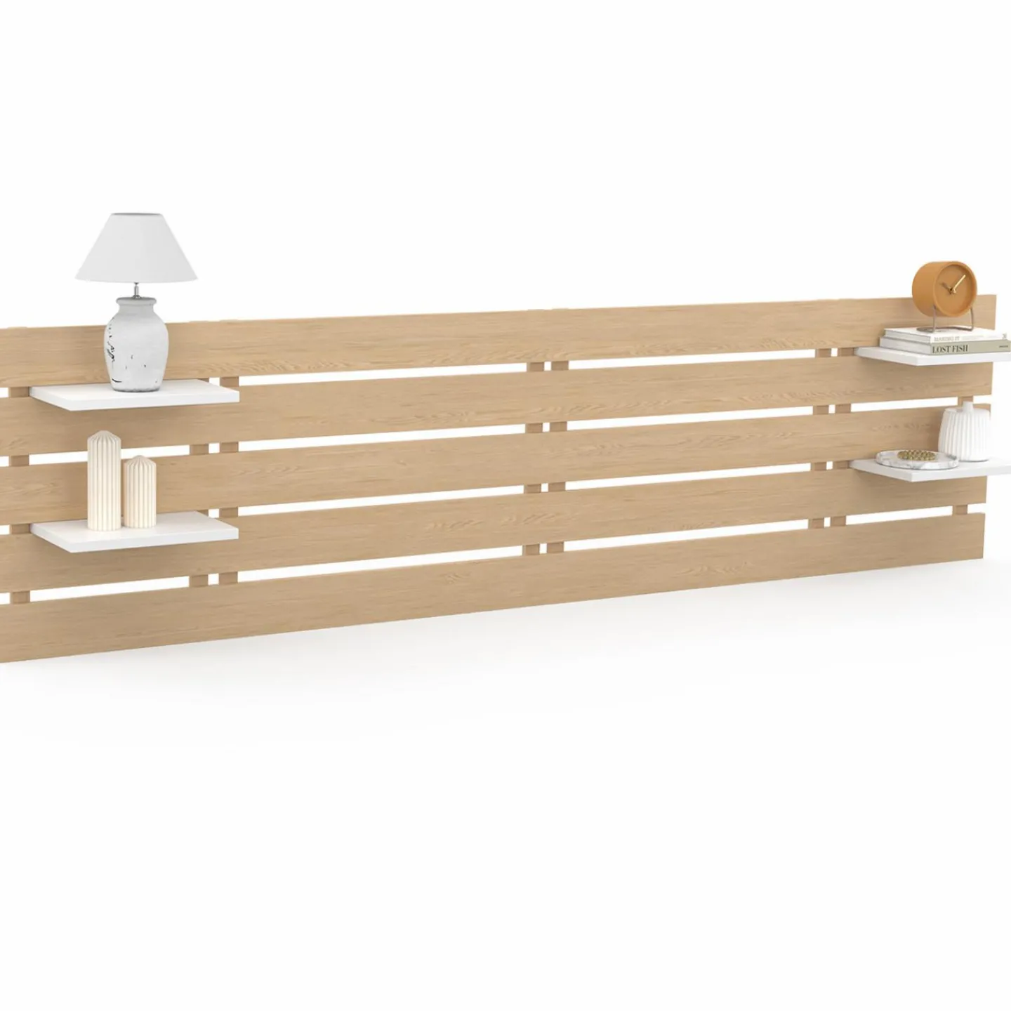 Tête de lit bois clair étagères blanches 5 larges lattes 240 cm*IDMarket