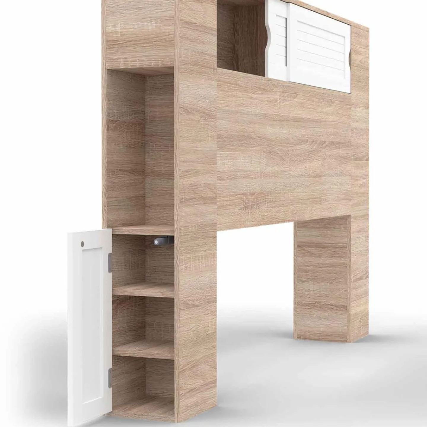 Tête de lit bois et blanc 145 cm avec rangements fermés et niches*IDMarket New