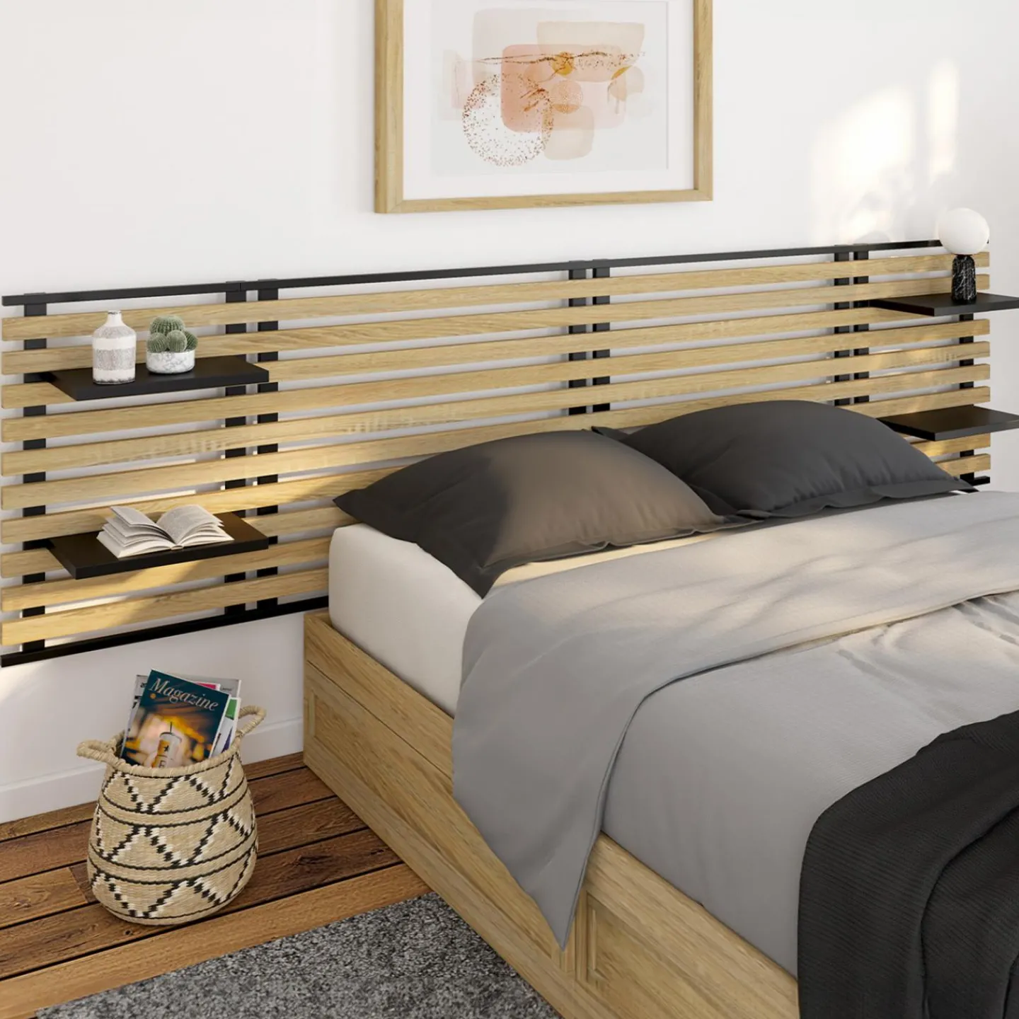 Tête de lit industrielle en lattes bois et métal avec étagères*IDMarket Discount