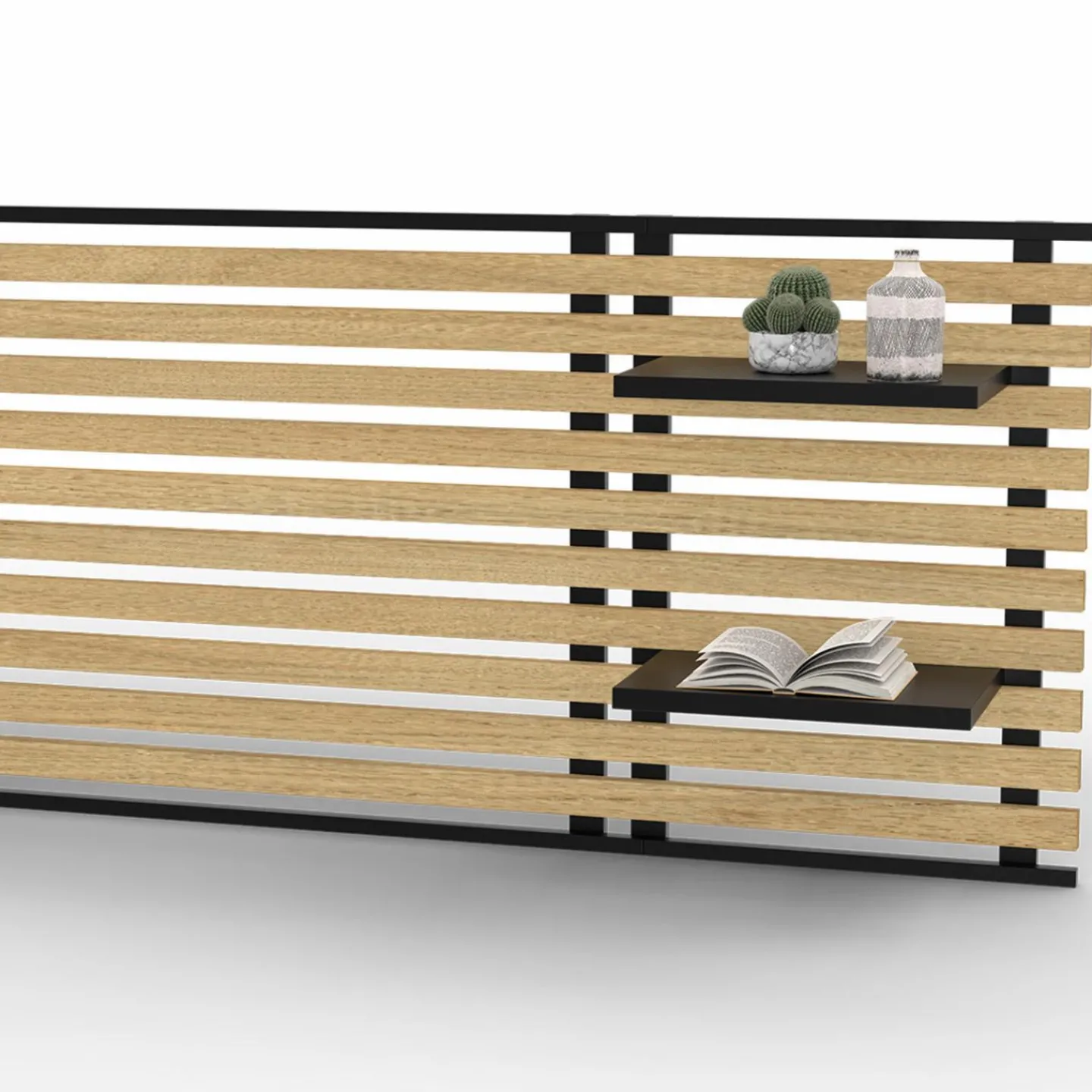 Tête de lit industrielle en lattes bois et métal avec étagères*IDMarket Discount