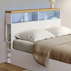 Tête de lit sur pied à LED avec plateau bois 145 cm rangements et niches blanches*IDMarket Online