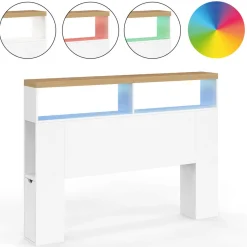 Tête de lit sur pied à LED avec plateau bois 145 cm rangements et niches blanches*IDMarket Online