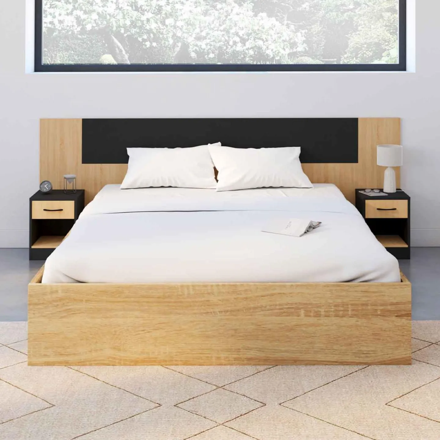 Tête de lit sur pied bois et noir avec chevets modulables*IDMarket Sale