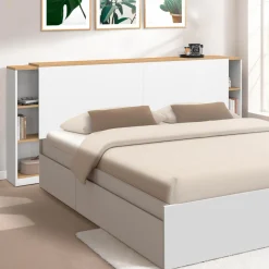 Tête de lit sur pied extensible blanc et façon bois avec chevets*IDMarket Hot