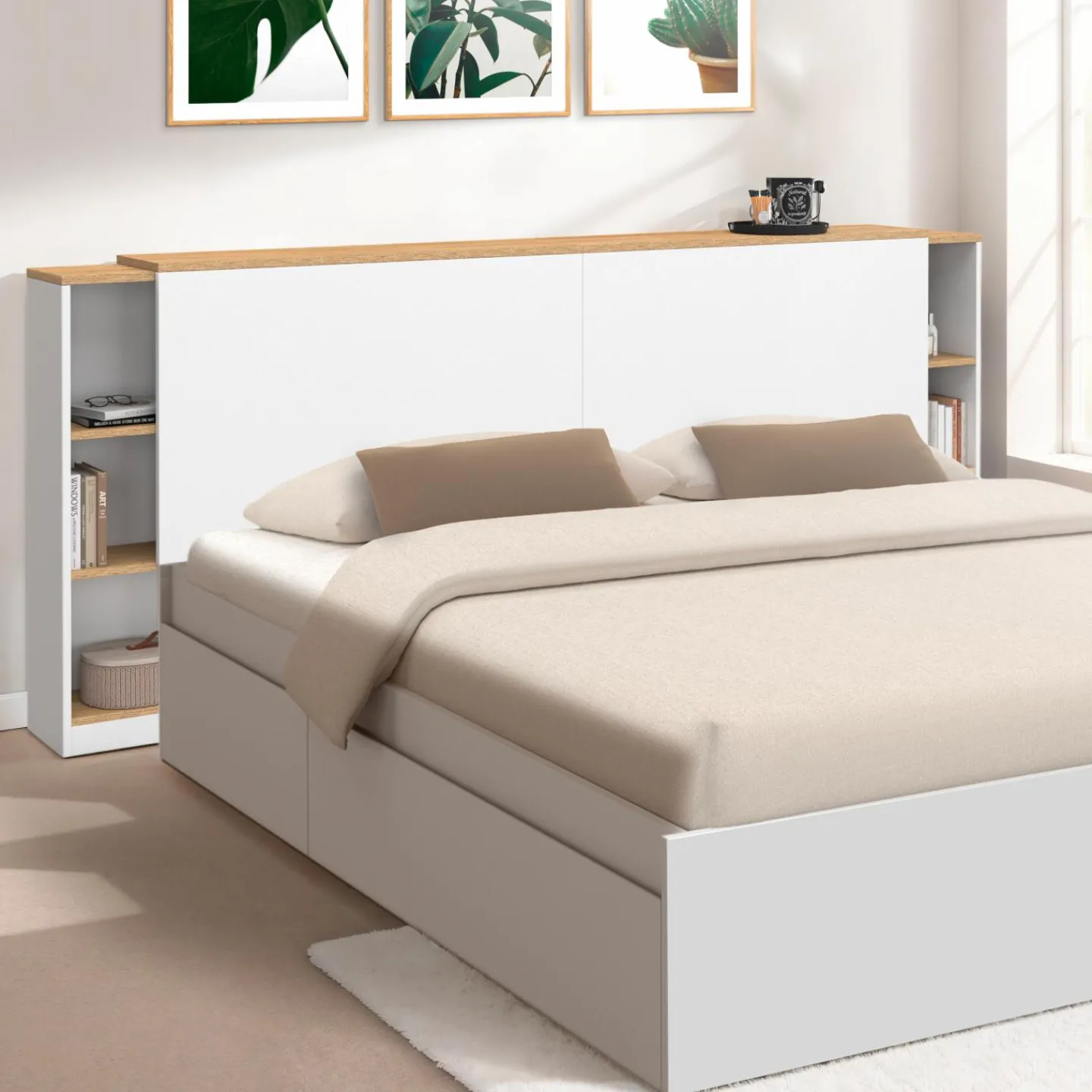 Tête de lit sur pied extensible blanc et façon bois avec chevets*IDMarket Hot