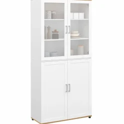 Vaisselier buffet haut 176 cm avec 4 portes et étagères blanc et bois*IDMarket New